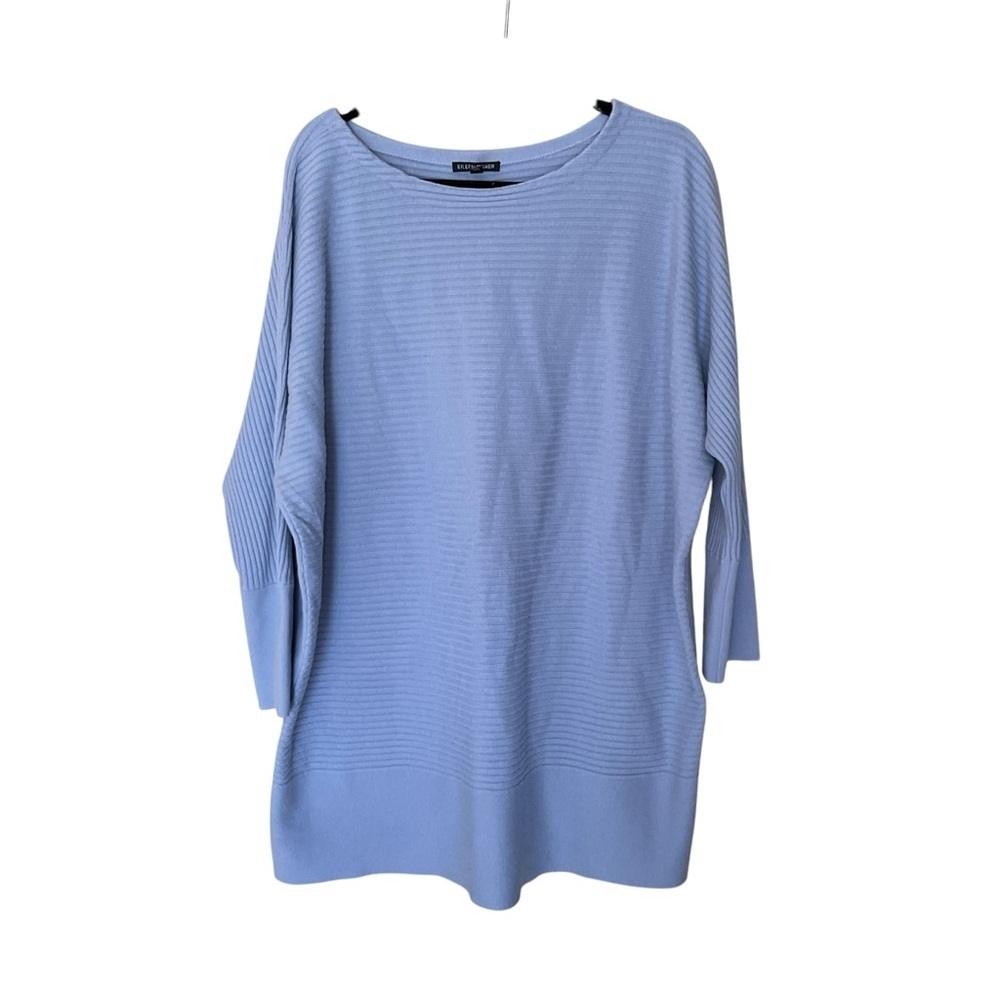 Eileen Fisher Blue Ribbed Knit Sweater Tunic XL Wool Blend 3/4 Sleeve